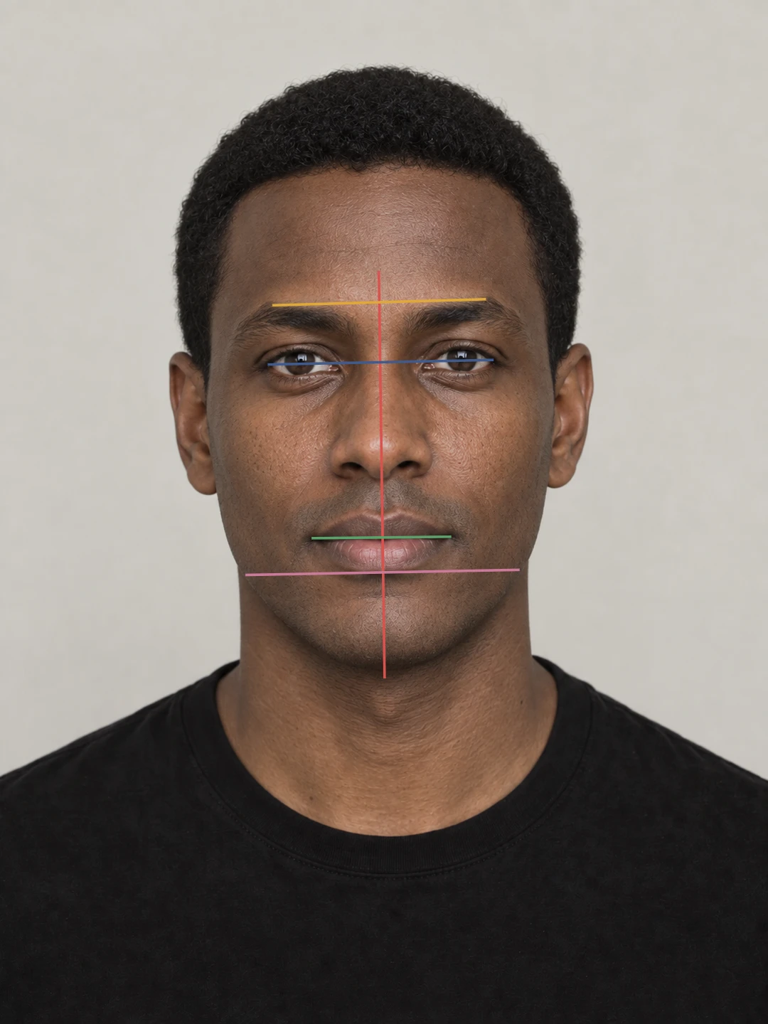 Example face with the symmetry tool's measurement lines drawn on it: midline, eye line, brow line, mouth corners and chin offset